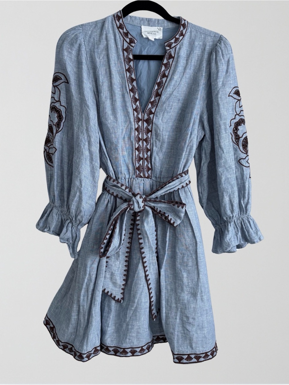 Hyacinth House Chambray Embroidered Dowling Mini Dress Size M Blue Brown